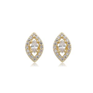 Brinco de base navete dourado com zirconia cristal banho em ouro 18k