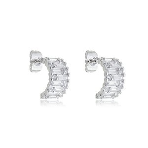 Brinco de argola com zirconia cristal banho em rodio branco