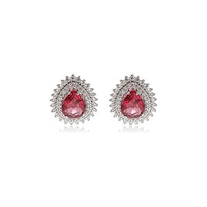 Brinco de base gota com zirconia rubi banho em rodio branco