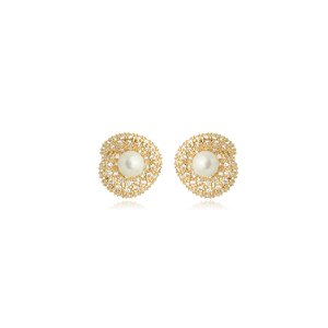 Brinco de base com perola e zirconia cristal banho em ouro 18k