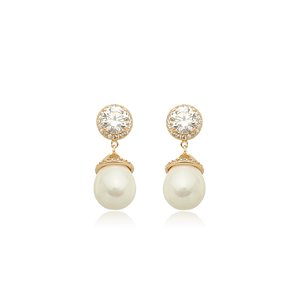 Brinco de perola com zirconia cristal banho em ouro 18k