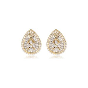 Brinco de base gota com perola e zirconia cristal banho em ouro 18k