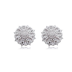 Brinco de base com perola e zirconia cristal banho em rodio branco