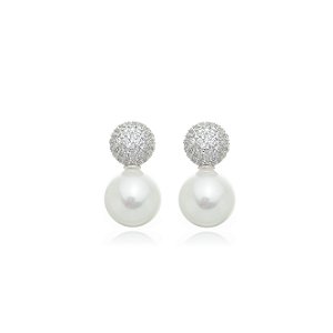 Brinco de base com perola e zirconia cristal banho em rodio branco