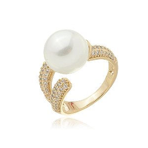 Anel de perola cravejado de zirconia cristal banho em ouro 18k