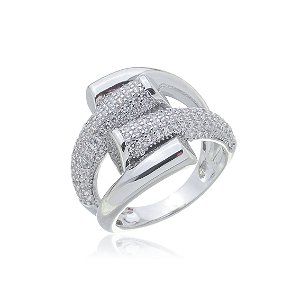 Anel cravejado de zirconia cristal banho em rodio branco