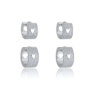 Brinco de argola duplo de coração cravejado de zirconia banho em rodio branco