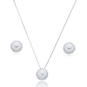Conjunto de brinco e colar de perola com zirconia cristal banho em rodio branco