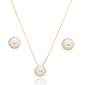 Conjunto de brinco e colar de perola com zirconia cristal banho em ouro 18k