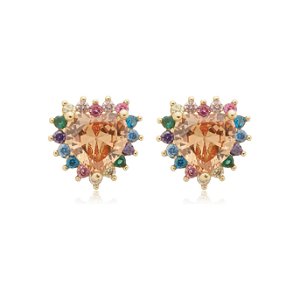 Brinco de base de coração cravejado de zirconia colorida banho em ouro 18k