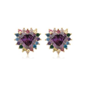 Brinco de base de coração cravejado de zirconia colorida banho em ouro 18k
