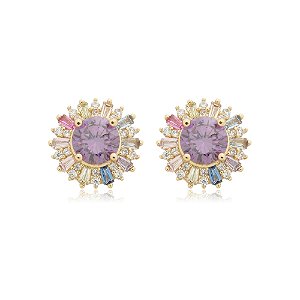Brinco de base com zirconia colorida banho em ouro 18k