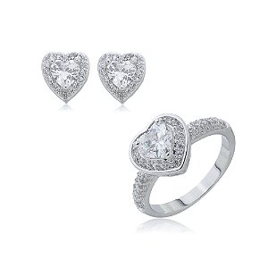 Conjunto de brinco e anel de coração com zirconia cristal banho em rodio branco