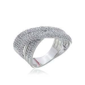 Anel cravejado de zirconia cristal banho em rodio branco