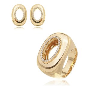 Conjunto de brinco e anel dourado com zirconia banho em ouro 18k