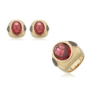 Conjunto de brinco e anel de luxo cravejado de zirconia banho em ouro 18k