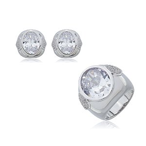 Conjunto de brinco e anel de luxo com zirconia cristal banho em rodio branco