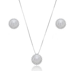 Conjunto de brinco e colar de perola com zirconia cristal banho em rodio branco