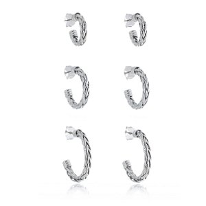 Trio de argola liso banho em rodio branco