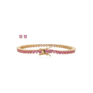 Conjunto de brinco e pulseira de riviera com zirconia rosa banho em ouro 18k