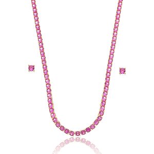 Conjunto de brinco e colar de riviera com zirconia rosa banho em ouro 18k