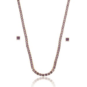Conjunto de brinco e colar de riviera com zirconia ametista banho em ouro 18k