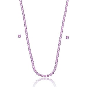 Conjunto de brinco e colar de riviera com zirconia rosa banho em rodio branco