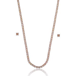 Conjunto de brinco e colar de riviera com zirconia morganita banho em rodio branco