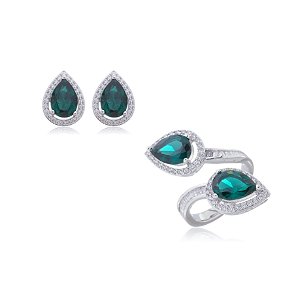 Conjunto de brinco e anel com zirconia esmeralda banho em rodio branco