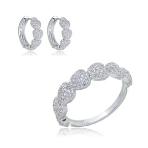 Conjunto de brinco e anel de coração com zirconia cristal banho em rodio branco