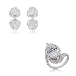 Conjunto de brinco e anel de luxo com zirconia cristal banho em rodio branco