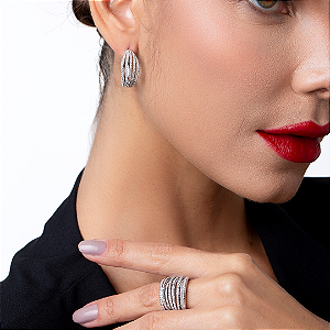 Conjunto de brinco e anel com zirconia cristal banho em rodio branco