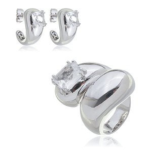 Conjunto de brinco e anel com zirconia cristal banho em rodio branco
