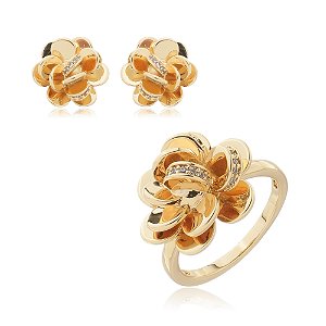 Conjunto de brinco e anel com zirconia cristal banho em ouro 18k