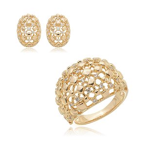 Conjunto de brinco e anel dourado com zirconia cristal banho em ouro 18k