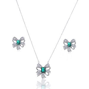 Conjunto de brinco e colar com zirconia esmeralda banho em rodio branco