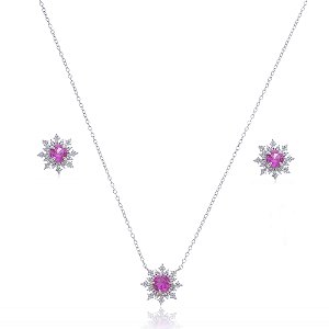 Conjunto de brinco e colar com zirconia pink banho em rodio branco