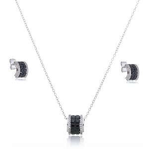 Conjunto de brinco e colar com zirconia onix banho em rodio branco