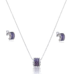 Conjunto de brinco e colar com zirconia ametista banho em rodio branco