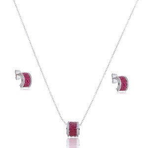 Conjunto de brinco e colar com zirconia pink banho em rodio branco