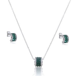 Conjunto de brinco e colar com zirconia esmeralda banho em rodio branco