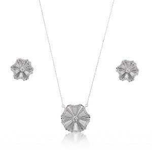 Conjunto de brinco e colar com zirconia cristal banho em rodio branco