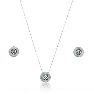 Conjunto de brinco e colar com zirconia esmeralda banho em rodio branco