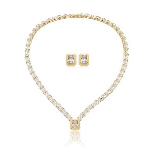 Conjunto de brinco e colar de luxo com zirconia cristal banho em ouro 18k