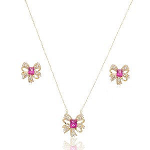 Conjunto de brinco e colar dourado com zirconia pink banho em ouro 18K