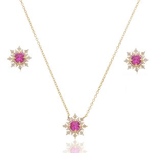 Conjunto de brinco e colar dourado com zirconia pink banho em ouro 18K