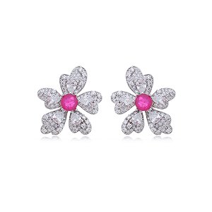 Brinco de base com zirconia pink banho em rodio branco