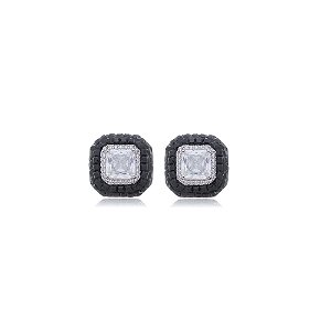 Brinco de base com zirconia onix banho em rodio branco