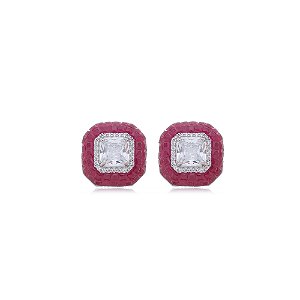 Brinco de base com zirconia pink banho em rodio branco