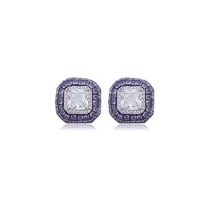 Brinco de base com zirconia ametista banho em rodio branco